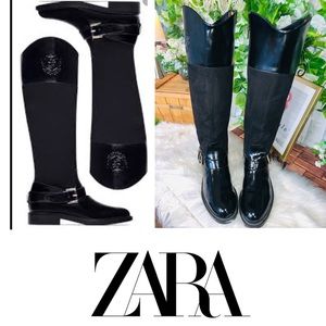Zara Tall Monogram patent and suede riding boots taper point point toe